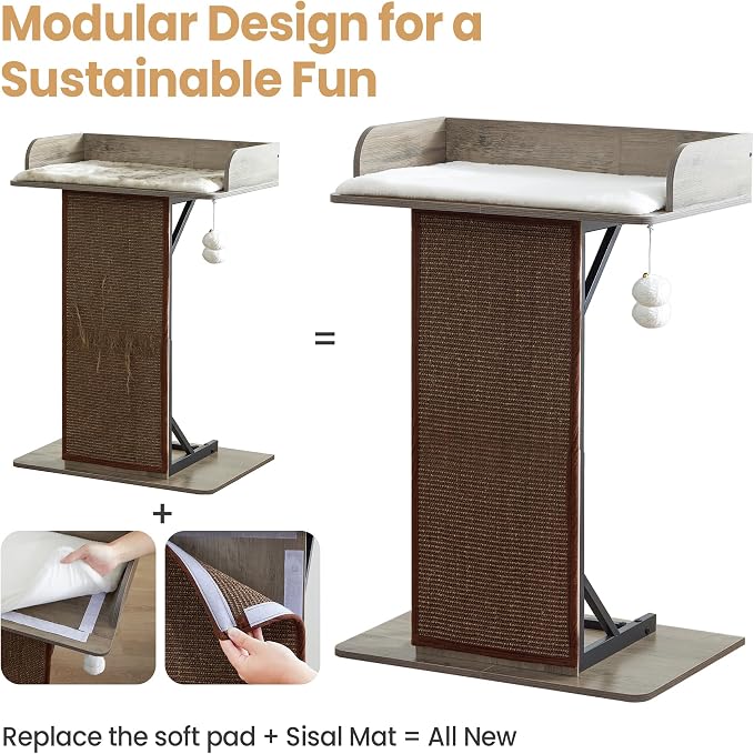 Modern Wood Cat Tree Tower for Indoor Large Cats, 33.8-Inch Tall Wooden Cat Trees with Big Perch Bed, Cat Scratching Pads, Washable Removable Cushions Scratching Mat, Cat Furniture, Greigy