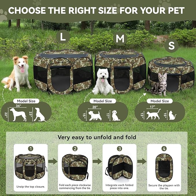 Pink Puppy Playpen for Middle Dog Cat, Dogs Tent Crate Cage Indoor/Outdoor, Portable Pop Up Dog Kennel with Carrying Bag for Rabbits, Removable Top (Green Camo, Small)