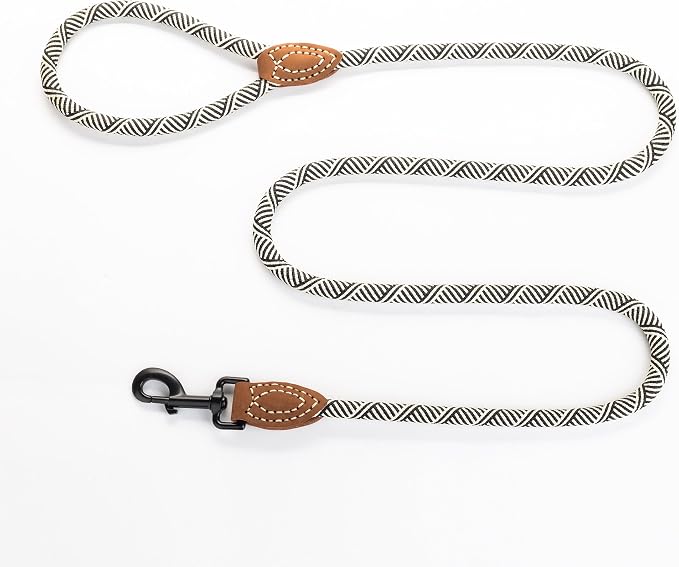 Mile High Life Rope Leash with Genuine Leather Connection, 6 FT/5 FT/4 FT, Heavy Duty Leash for Medium & Large Dogs (Black Beige, 48 Inch)