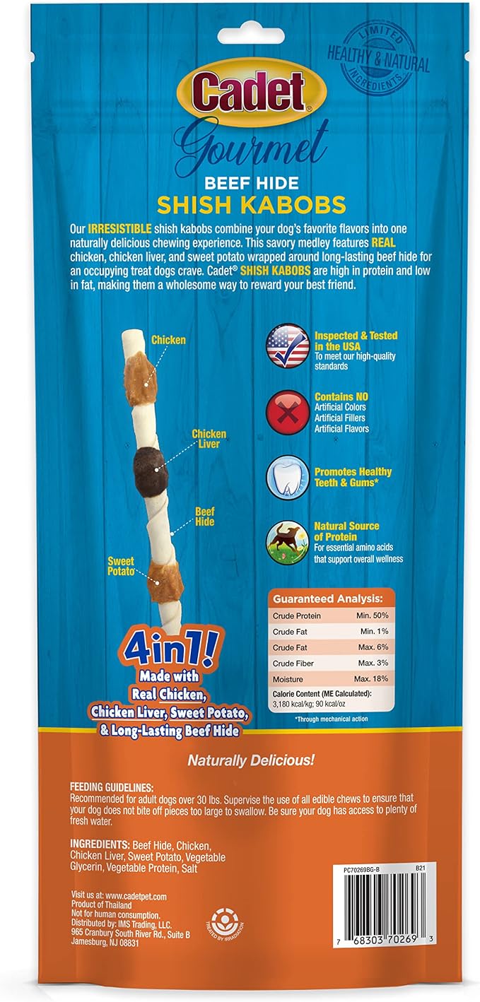 Cadet Gourmet Shish Kabob Dog Treats for Large Dogs, Healthy & Natural Chicken & Sweet Potato Chew Sticks, Beef Hide, Extra Large 10 Inch, 4 Count (Pack of 1)