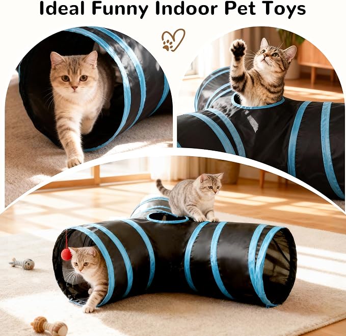 Tempcore Pet Cat Tunnel Tube Toys 3 Way Collapsible, Tunnels for Indoor Cats, Interactive Tube with Teaser Wand, Peek Holes & Hanging Ball, Black & Blue