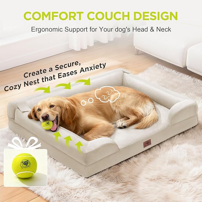 Extra Large Dog Bed, Orthopedic XL Washable Bed for Big Dog Waterproof Pet Couch Sofa Bolster with Removable Cover, Non-Slip Bottom, Tennis Ball Toy, 42 x 30