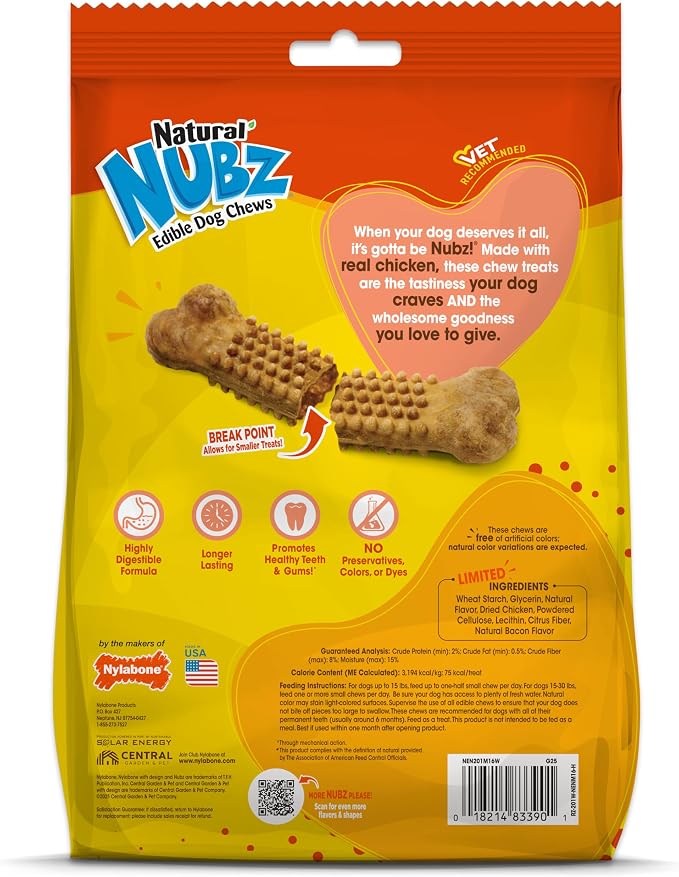 Nylabone Nubz Natural Dog Chew Treats for Small Dogs, Long Lasting Dog Chew Bones Made in the USA, Chicken Flavor Breath Freshener Dental Chews, Small Dog Bones for Dogs Up to 25 lbs. (16 Count)