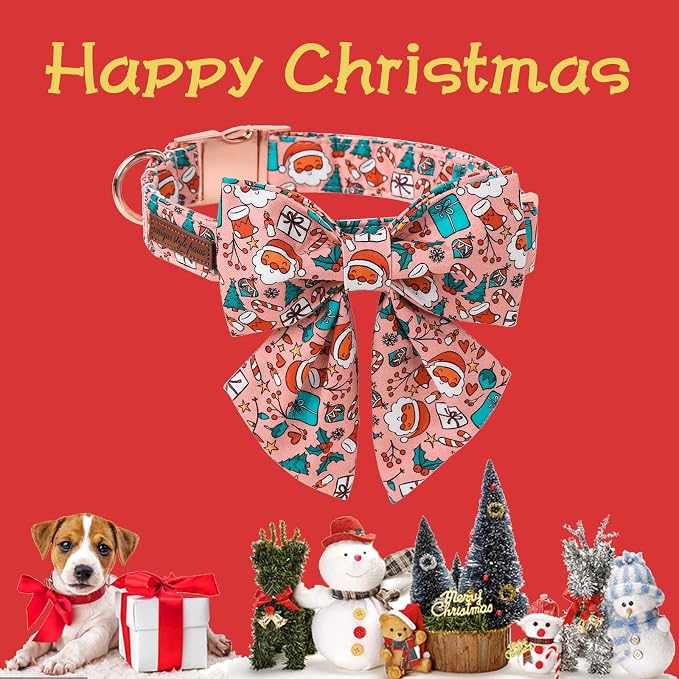 Unique Style Paws Christmas Day Dog Collar with Bowtie Pink Christmas Man Cotton Puppy Collars for Small Medium Large Dogs