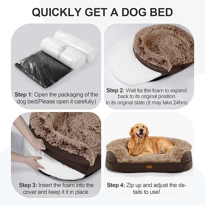 iweepet Fluffy Orthopedic Dog Beds for Large & Extra Large Dogs, 41" Calming Dog Sofa Bed with Supportive 28D Egg-Crate Foam, Removable Washable Cover, Waterproof Lining, for Puppy,Senior,Sick