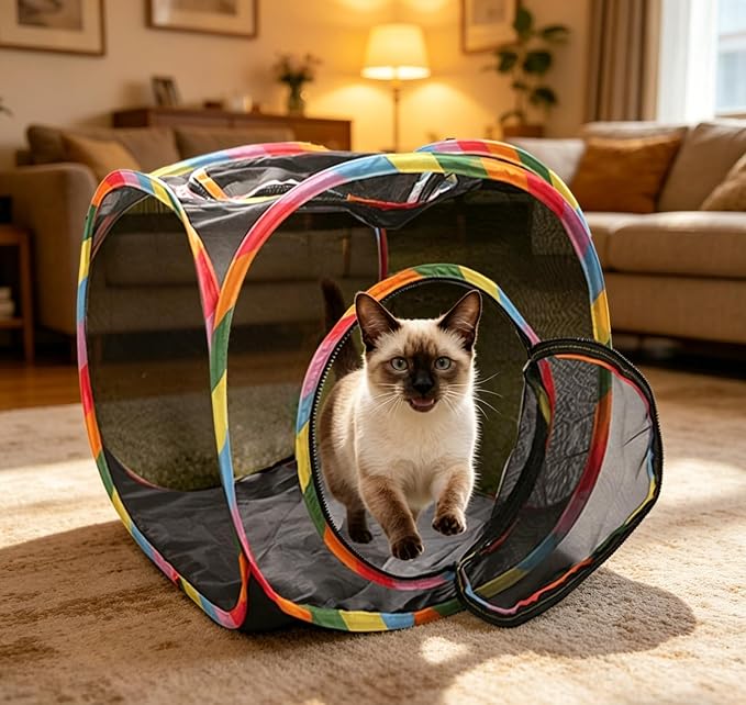 Cat Cube Tent, Rolling Cat Cube, Mesh Cube for Cats, Pet Play Cubic Outdoor, Folding Pop Open Pet Animal Playpen, Ventilated Pets Playhouse for Puppy Kitten Bunny (Black)