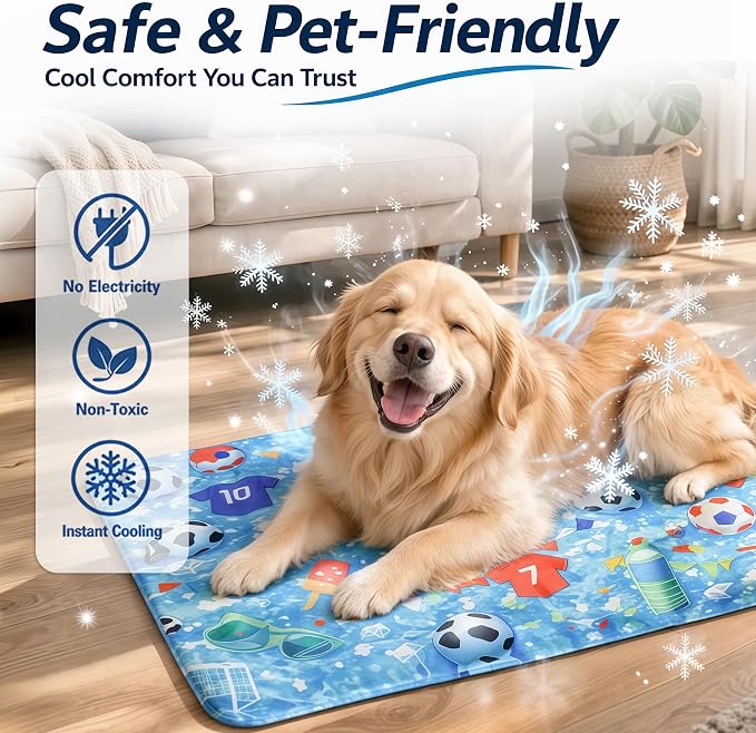 Dog Cooling Mat, Water-Activated Gel Ice Pad for Dogs&Cats, Self-Cooling Mat Soccer Fan Dog Gifts, Waterproof Wipe-Clean, Soccer-Themed Summer Beds for Outdoor&Indoor Medium/Small Pets
