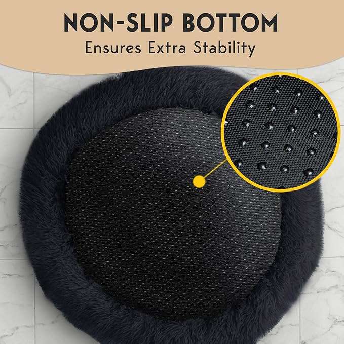 PetJett Calming Dog Bed Medium Size Dog - 30'' Donut Bed, Anti-Slip & Washable Super Soft Fluffy Plush Round Bed, Anti-Anxiety Premium Comfort Pet Bed, Fits Dogs up to 45 lbs - Black