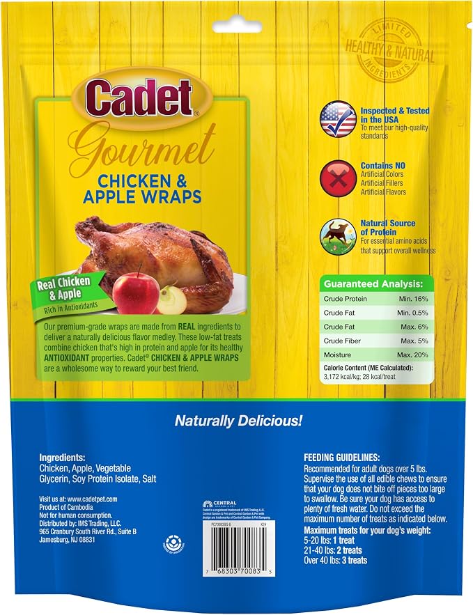 Cadet Gourmet Apple & Chicken Dog Treats Wraps - Healthy & Natural Chicken & Apple Dog Training Treats for Small & Large Breeds - Inspected & Tested in USA (28 oz.)