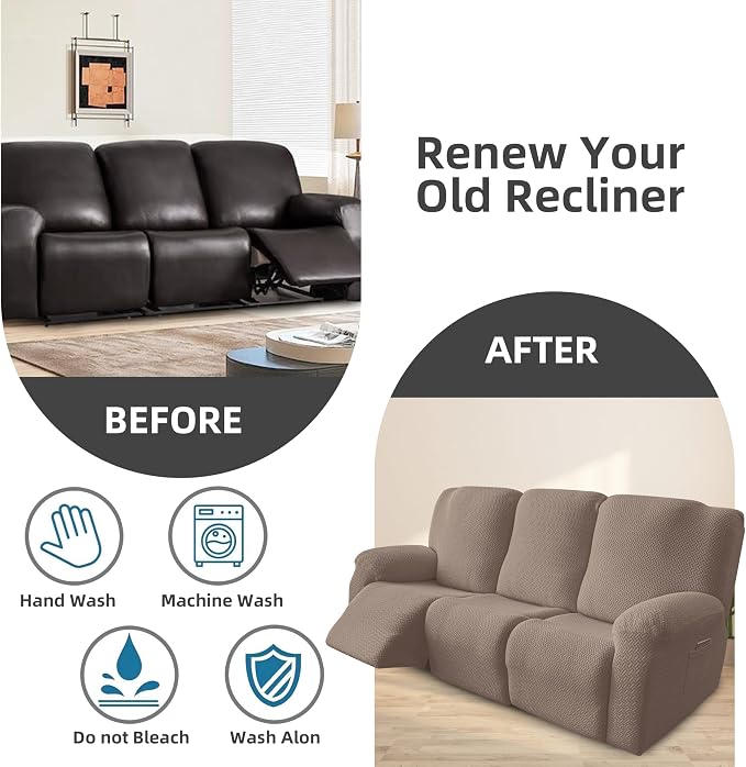 Genina Recliner Sofa Covers - Stretch Reclining Couch Covers with Stripe Jacquard - 3 Seat Cushion Slipcovers with Soft Fabric - Furniture Protector for Pet Kid (Light Gray)