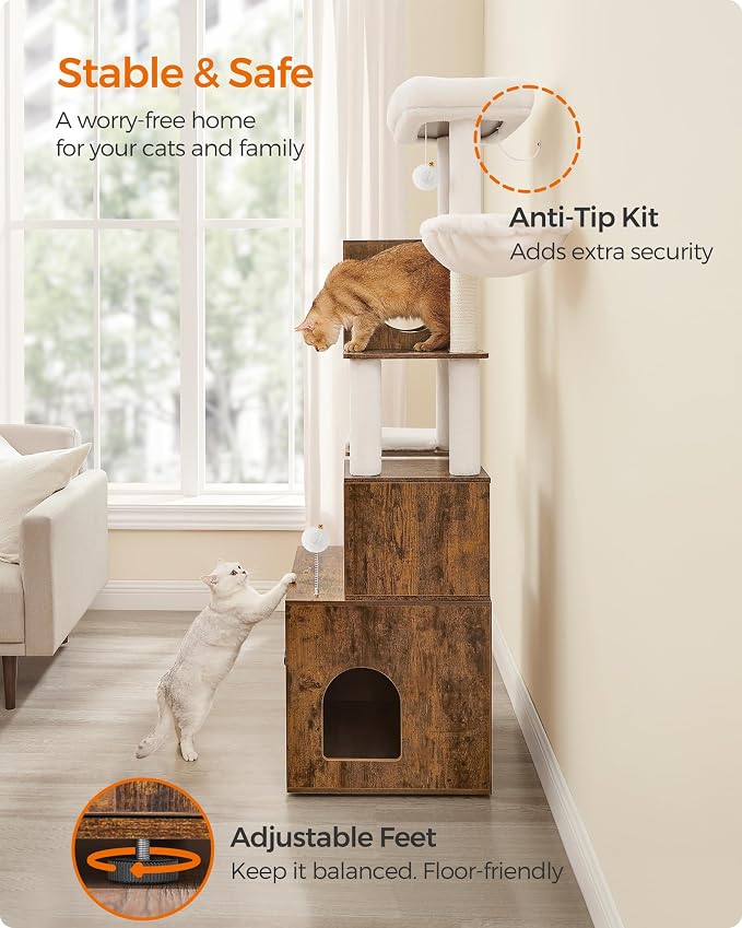 Feandrea Cat Tree with Litter Box Enclosure, 70.1-Inch Tall Cat Tower, 2-in-1 Modern Condo with Scratching Posts, Perch, Caves, Basket, Washable Cushion, Rustic Brown UPCT116X01