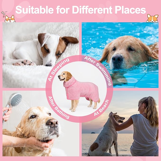 Bienbee Dog Bathrobe, Quick Drying Super Absorbent Pet Robes for Small Medium Large Dogs, Drying Coat for After Bath & Swim, Warm & Cozy Dogs Towels, Dog Puppy Bath Supplies, Pink XL
