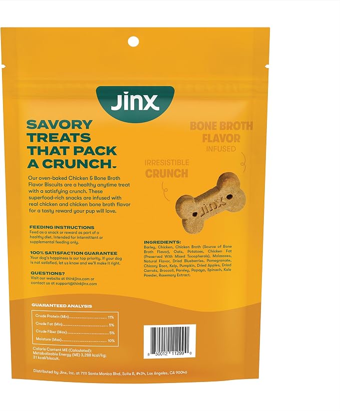 Jinx Oven-Baked Chicken Bone Broth Biscuit Treats, Crunchy, All Natural, Superfood-Rich with Real Chicken, Pumpkin & Blueberries, 16oz (Pack of 2)