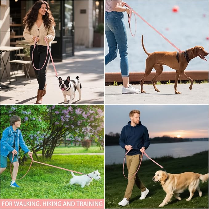 Reflective Dog Leash with Double Handle, Dog Leash 6 FT Long, Supports Medium and Large Dogs, Heavy Duty for Walking, Running, and Training, Pink