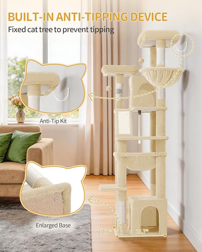 Hzuaneri Large Cat Tree, 72 Inch Tall Indoor Cat Tower for 6 Large Cats, Corner Climbing Activity Pet Condo with 2 Large Platforms/2 Cats House/6 Scratching Post/1 Hanging Basket, Beige MS18318YG