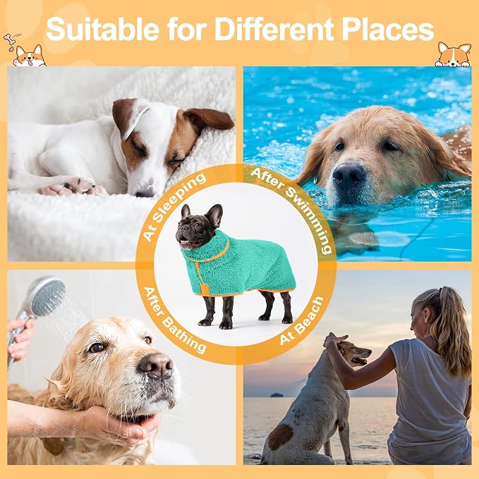 Bienbee Dog Bathrobe, Quick Drying Super Absorbent Pet Robes for Small Medium Large Dogs, Drying Coat for After Bath & Swim, Warm & Cozy Dogs Towels, Dog Puppy Bath Supplies, Lake Green M