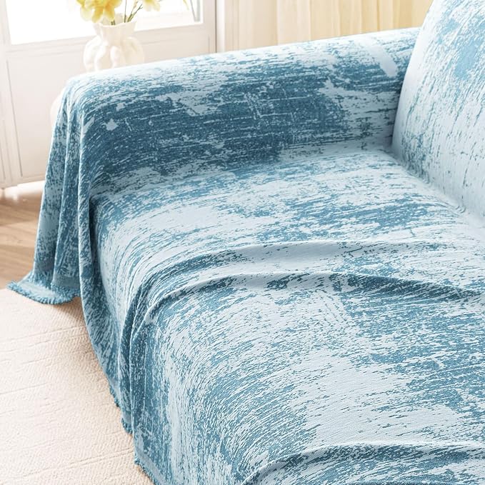 hyha Couch Cover for Dogs, Boho Sofa Covers for 3 Cushion Couch Washable, Chenille Sofa Slipcover for Pets, Soft Loveseat Sectional Couch Throw Blankets with Tassels (Blue/White, 88.5x150 Inch)