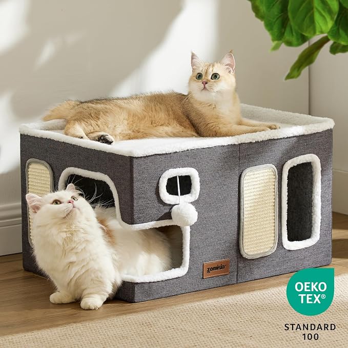 ZOMISIA Extra-Wide Cat House for Indoor Cats - Large Cat House for Pet with Fluffy Ball Hanging and Scratch Pad, Foldable Cat Hideaway for Multi Cats, 23x16.5x13 inches, Green