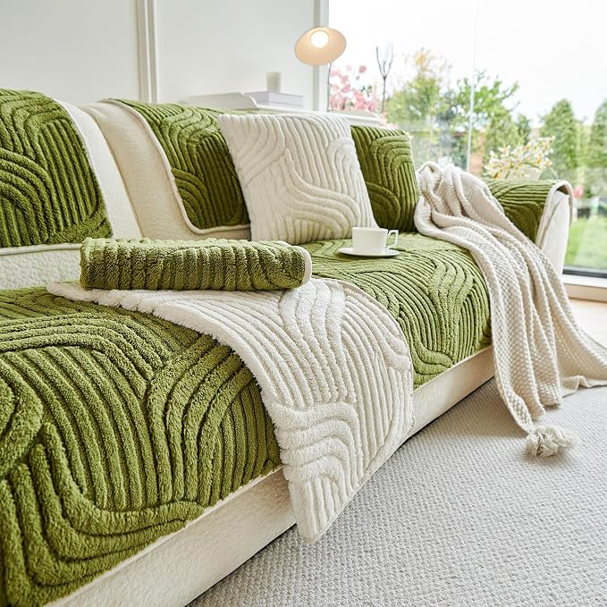 OTOB Couch Covers for 3 Cushion Couch Sofa Pet Friendly, Washable Plush Sofa Slipcovers Furniture Protector, Non Slip All Season Soft Fuzzy Pet Couch Cover, 1 Piece(Matcha Green, 27.6"x82.7")