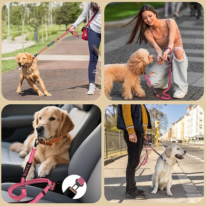 Heavy Duty Tactical Dog Leash, 4-6FT Shock Absorbing Bungee Lead with 2 Padded Handles, Metal Carabiner & Seatbelt Clip, Reflective No-Pull Leash for Medium/Large Dogs (Pink)