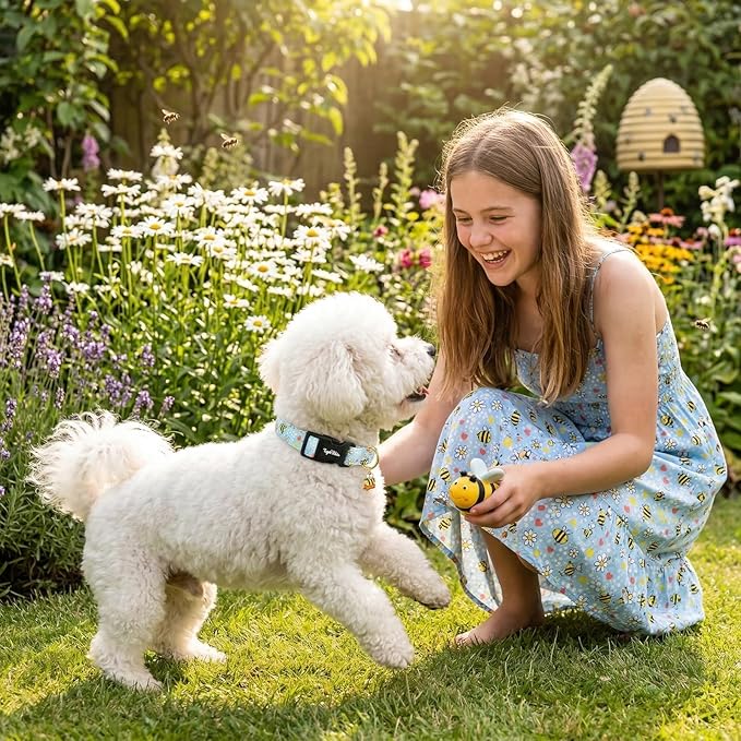 Dog Collar with Bees & Flowers Pattern, Spring Summer Collection Blue Dog Collar with Exquisite Pendant, Durable Adjustable Collars for Gifts & Daily Use-XS