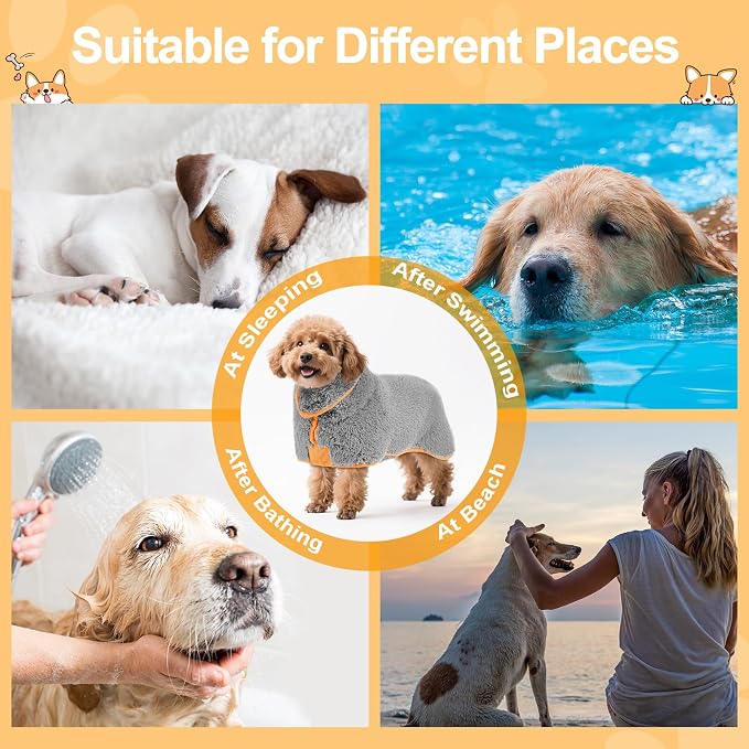 Bienbee Dog Bathrobe, Quick Drying Super Absorbent Pet Robes for Small Medium Large Dogs, Drying Coat for After Bath & Swim, Warm & Cozy Dogs Towels, Dog Puppy Bath Supplies, Gray S