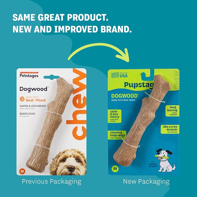 Pupstages Dogwood Dog Chew Toy, Made in the USA – Real-Wood Blend, Natural Flavor & Texture, Moderate Chewers, Medium, 7.4"