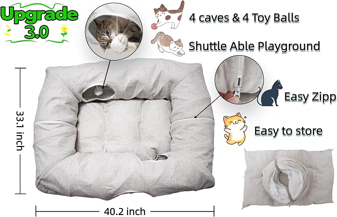 XxingSheep 4 Cave Premium Hemp Fabric XL Cat Tunnel Bed for Indoor Cats Cat Toys Cave Donut with Soft Mat