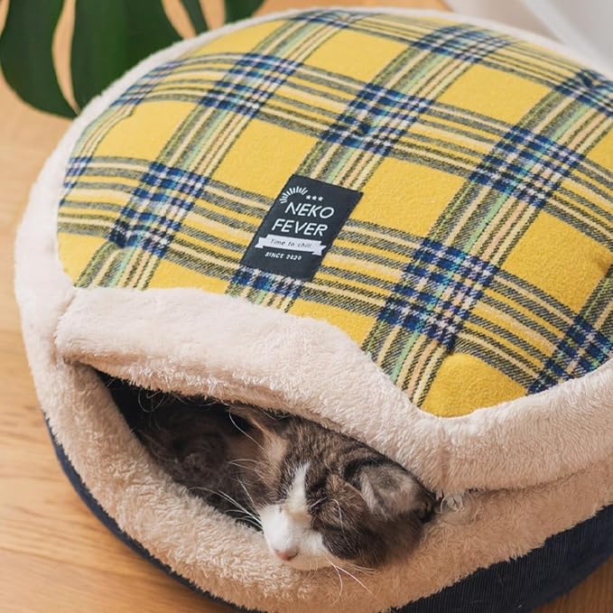 Cat Bed Cave – Enclosed Hideaway with Detachable Lid & Mat, Covered Round House for Indoor Kitten & Kitty (Yellow)