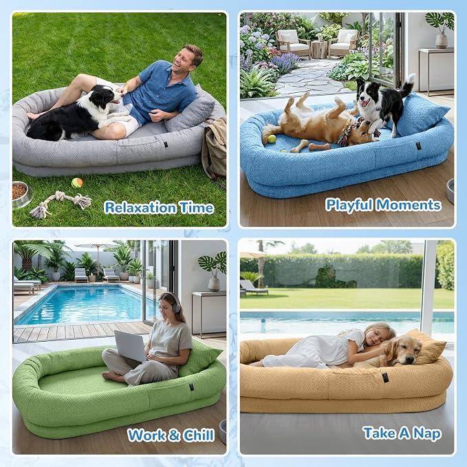 YAEM Cooling Human Dog Bed, 71"x45"x12" Breathable Human Size Dog Bed for Adults, Waterproof Giant Pet Beds with Washable Cover & Non-Skid Bottom, Dune Brown