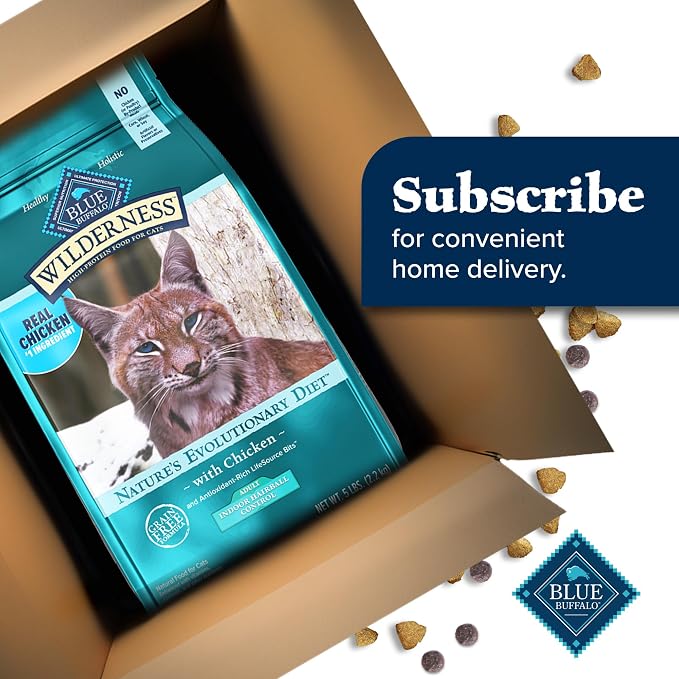 Blue Buffalo Wilderness Natural Hairball Care Dry Cat Food for Indoor Cats, High-Protein & Grain-Free Formula, Chicken, 5-lb. Bag