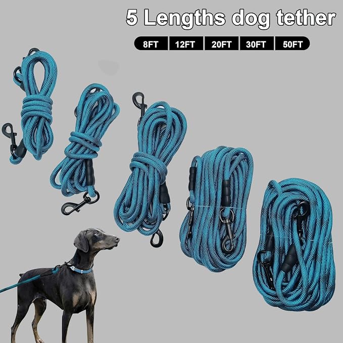 BTINESFUL Dog Tie-Out Check Cord Long Tether Rope Leash, 8ft 12ft 20ft 30ft 50ft Recall Training Dog Lead for Yard- Large Medium Dogs Outside Playing, Camping, or Backyard (20ft, Blue Black)