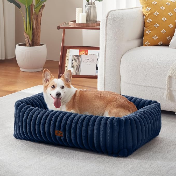 Dog Bed Medium Size Dog, Rectangle Orthopedic Pet Bed for Car and Indoor, Comfort Fluffy Memory Foam Dog Beds with Anti-Slip Bottom,30 x24 x9 Inches,Navy