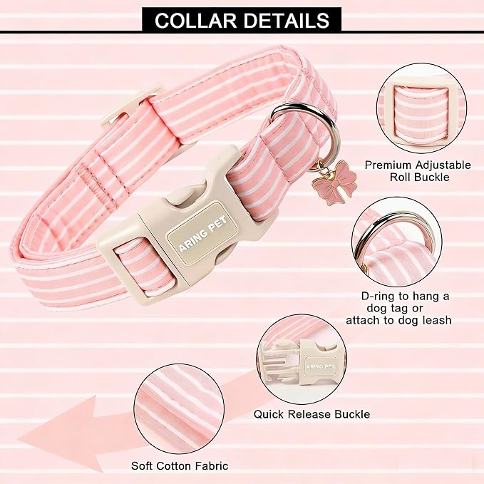 ARING PET Stripe Dog Collar, Cute Spring Summer Pink Stripe Pet Collars with Bow Charm for Puppy Small Medium Large Female Girl Dogs-S, for Daily Outdoor Walking Training