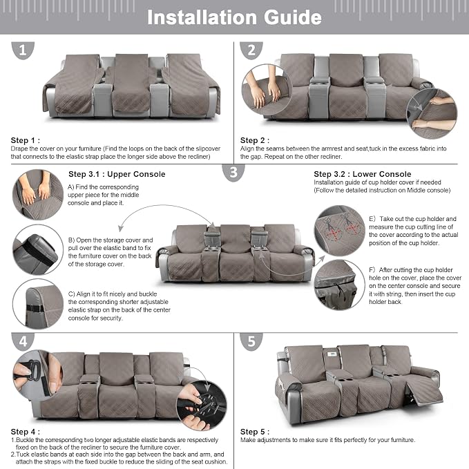 TAOCOCO 100% Waterproof Recliner Couch Covers with Console, Sofa Covers for Reclining Sofa 3 Seat with Straps Design, Split Recliner Sofa Cover Furniture Pets Kids Protector (3 Seater, Light Brown)