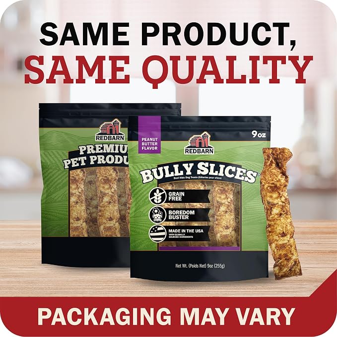 Redbarn Pet Products All-Natural Rawhide Bully Slices - Peanut Butter Flavor - Premium Grain-Free Beef Hide Treats High Protein Low Fat for Chewers - 9 oz Bag