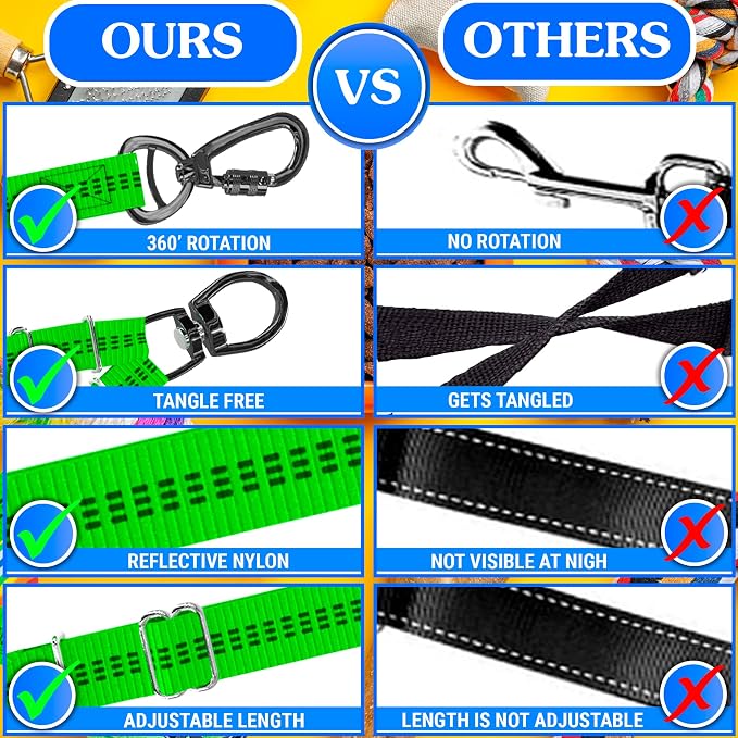 Dog Leash – Dual Reflective with Non-Tangle Design – Heavy Duty Nylon and Metal Buckles – Ideal (Green, 2 Dog Leash)
