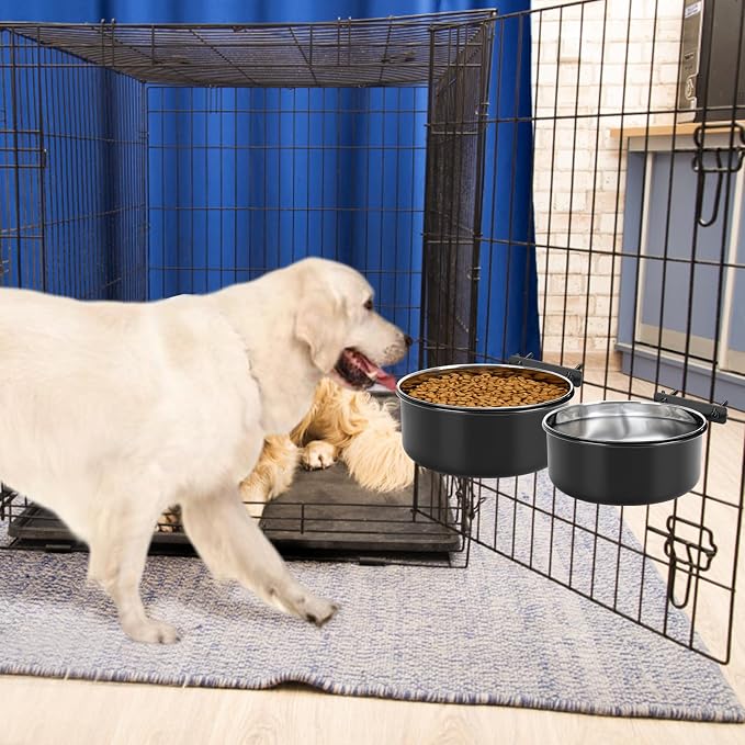 2 Pcs Black Large Pet Dog Food Water Bowl for Cage Stainless Steel Non-Spill Kennel Hanging Cats Bowls with Clamp Holder Crate Feeder Dish for Medium Large Dogs Huge Pets (7.1x2.5'' & 6.3x2.4'')