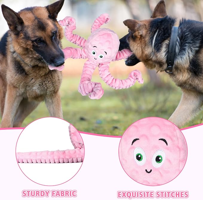 BUYPOW Dog Squeaky Toys Octopus - Tough Plush Large Medium & Small Dog Toys - Stuffed Animals Puppy Toys (Octopus Pink)