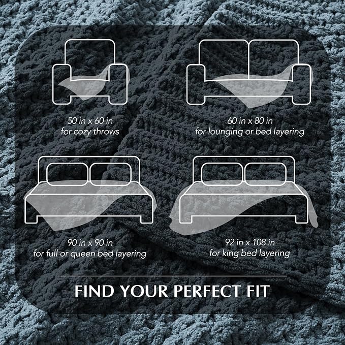 EVERGRACEHOME Chunky Chenille Knit Throw Blanket for Couch, Soft Luxurious Oversized Queen Moss Stitch Blanket for Bed, Cozy Farmhouse Knitted Throw for Sofa, Stormy Blue, 90" x 90"
