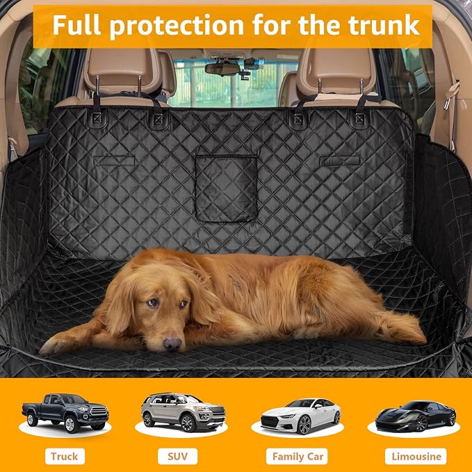 PETICON SUV Cargo Liner for Dogs, PU Leather Waterproof Pet Cargo Cover for SUVs Sedans Vans with Bumper Flap Protector, Scrachproof Non-Slip Large Size Dog Seat Mat Universal Fit