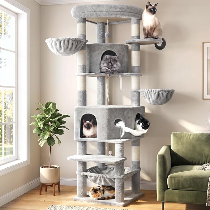 Cat Tree, 81.1" Skyward Corner Cat Tower for Large Cats with Diamond Hideout, Space-Smart Cat Furniture with Grand Platform, Firm Base, 3 Soft Hammock & Pet Relax Station, Light Gray VCT031W