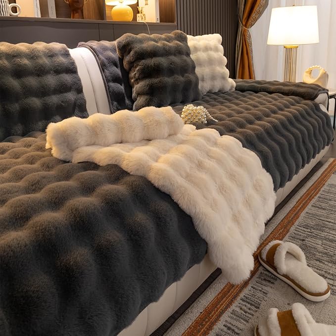 Faux Fur Couch Cover, Soft Warm Plush Sofa Couch Cover, Non Slip Sectional Sofa Slipcovers for L Shaped, Washable Furniture Protector for Kids, Dogs(Dark Gray, 36"x 71")