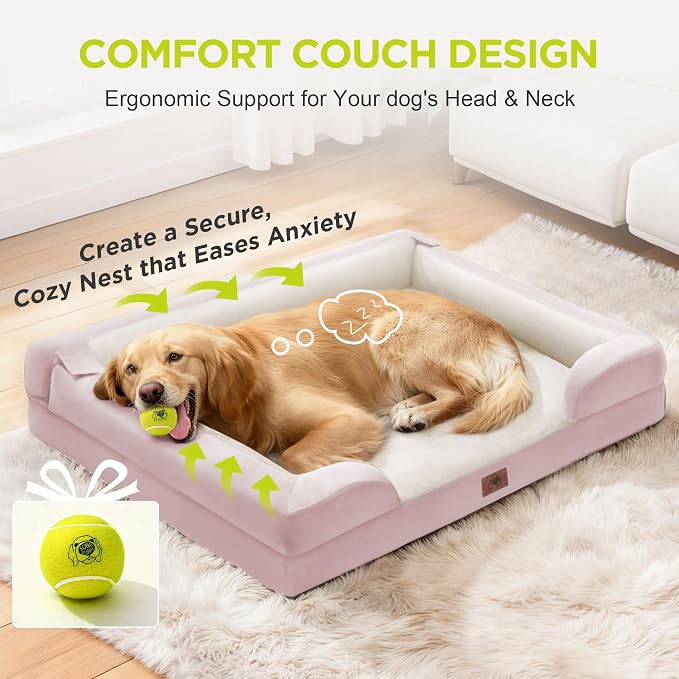 Orthopedic Dog Bed for Extra Large Dogs, XXL Waterproof Egg Crate Memory Foam Pet Bed Bolsters with Removable Washable Cover & Non-Slip Bottom, Tennis Ball Toy, 45 x 35