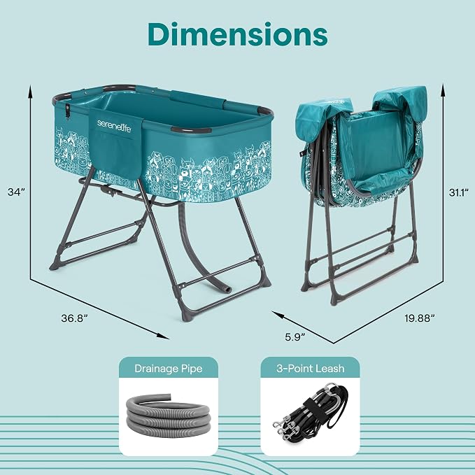 SereneLife Foldable Dog Bath Tub with Adjustable Height, 360° Access, Drain Hose & Storage Pockets – 130 lb Capacity Grooming Station for Indoor/Outdoor Use (Blue)