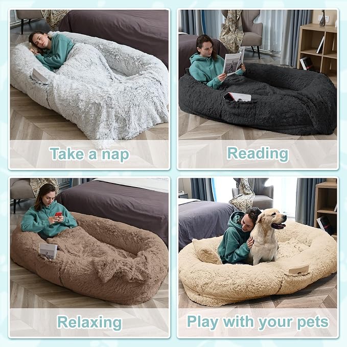 YAEM Pink Human Dog Bed, 71"x45"x12" Beds for Humans Size Fits You and Pets, Washable Faux Fur Bed People Doze Off, Napping Orthopedic Present Plump Pillow, Blanket