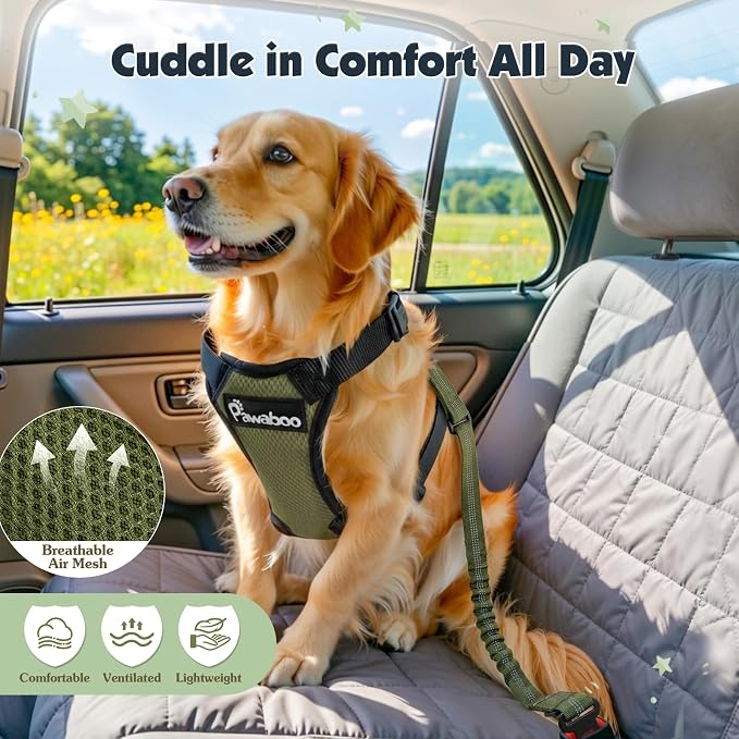 Pawaboo Dog Seat Belt Harness for Car, Dog Car Harness Seatbelt with Double Clips, Adjustable Breathable Pet Vest & Dogs Safety Tether with Elastic Bungee for Small Medium Large Pet, XXL,Green + Black