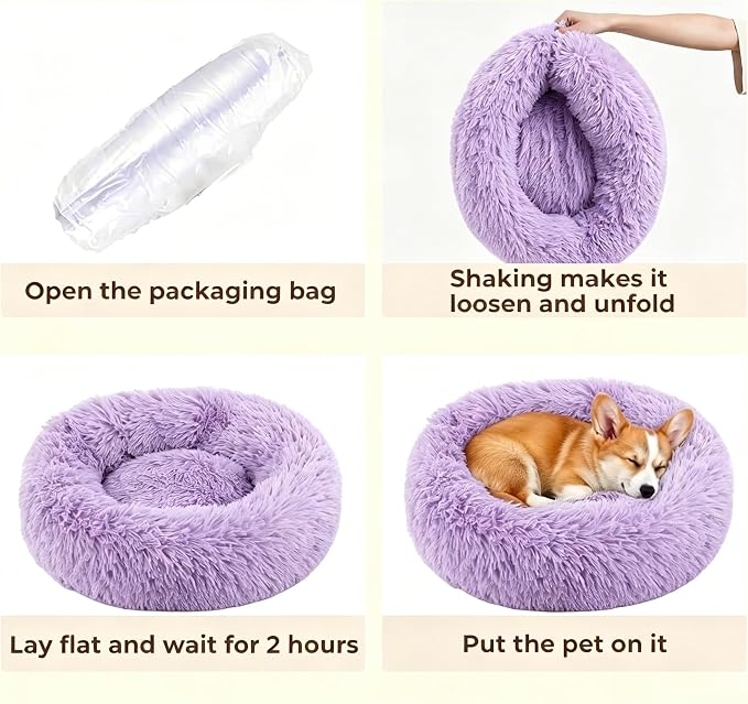Calming Anti-Anxiety Donuts Dog And Cat Bed, Round Fluffy Soft Washable Small Medium Pet Bed For Puppy And Kitten, Cuddler Warming Comfortable Luxury Anti-Slip Waterproof Mute Base 24in Purple