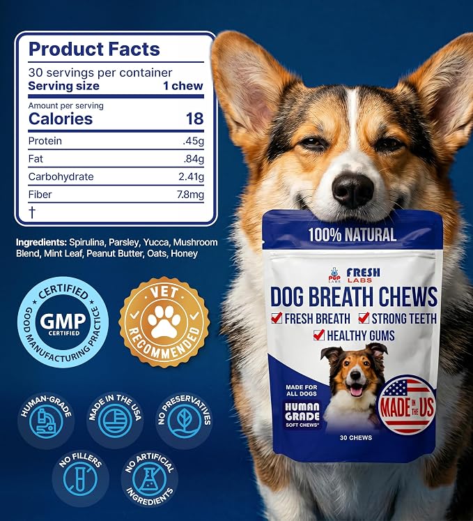 Pup Labs Fresh Breathies, All-Natural Dental Chews for Dogs, Dog Breath Treatment That Supports Gut Health and Immune System, Dog Teeth Cleaning Chews, Dental Treats for Dogs Made in The USA, 30 Count
