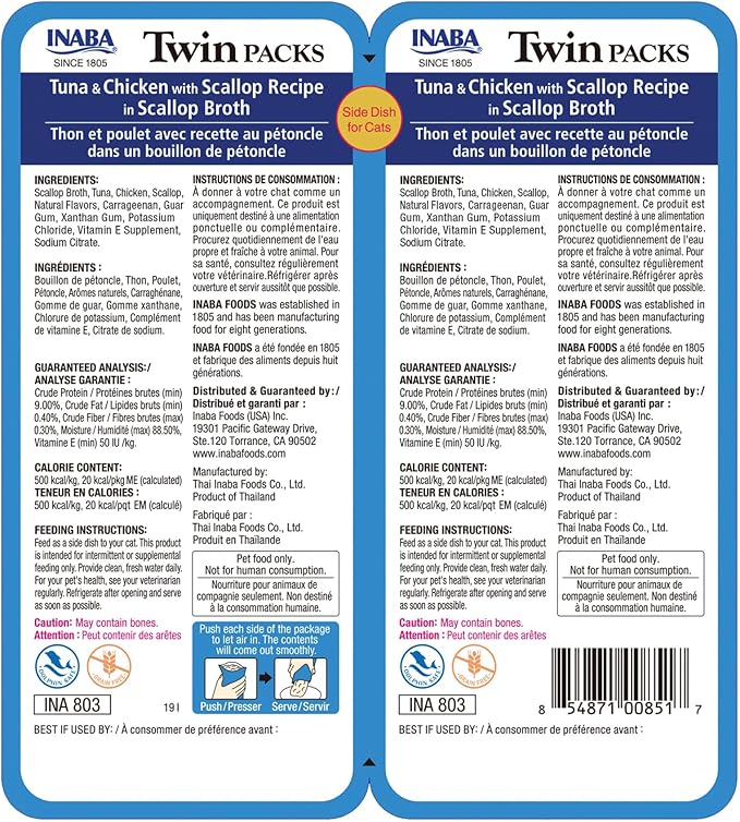 INABA Twin Packs for Cats, Side Dish/Topper Pouch, 1.4 Ounces per Serving, 16 Servings, Tuna & Chicken with Scallop Recipe in Scallop Broth